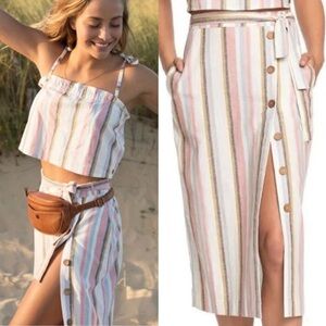 Stripe Linen Blend Midi Skirt - Roxy Lose My Breath Rainbow Stripes Resort Wear